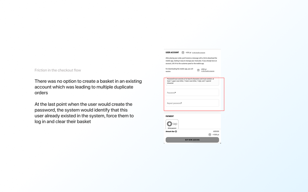 Legacy checkout: no way to create a basket on an existing account, and a password step that clears the basket, outlined in red