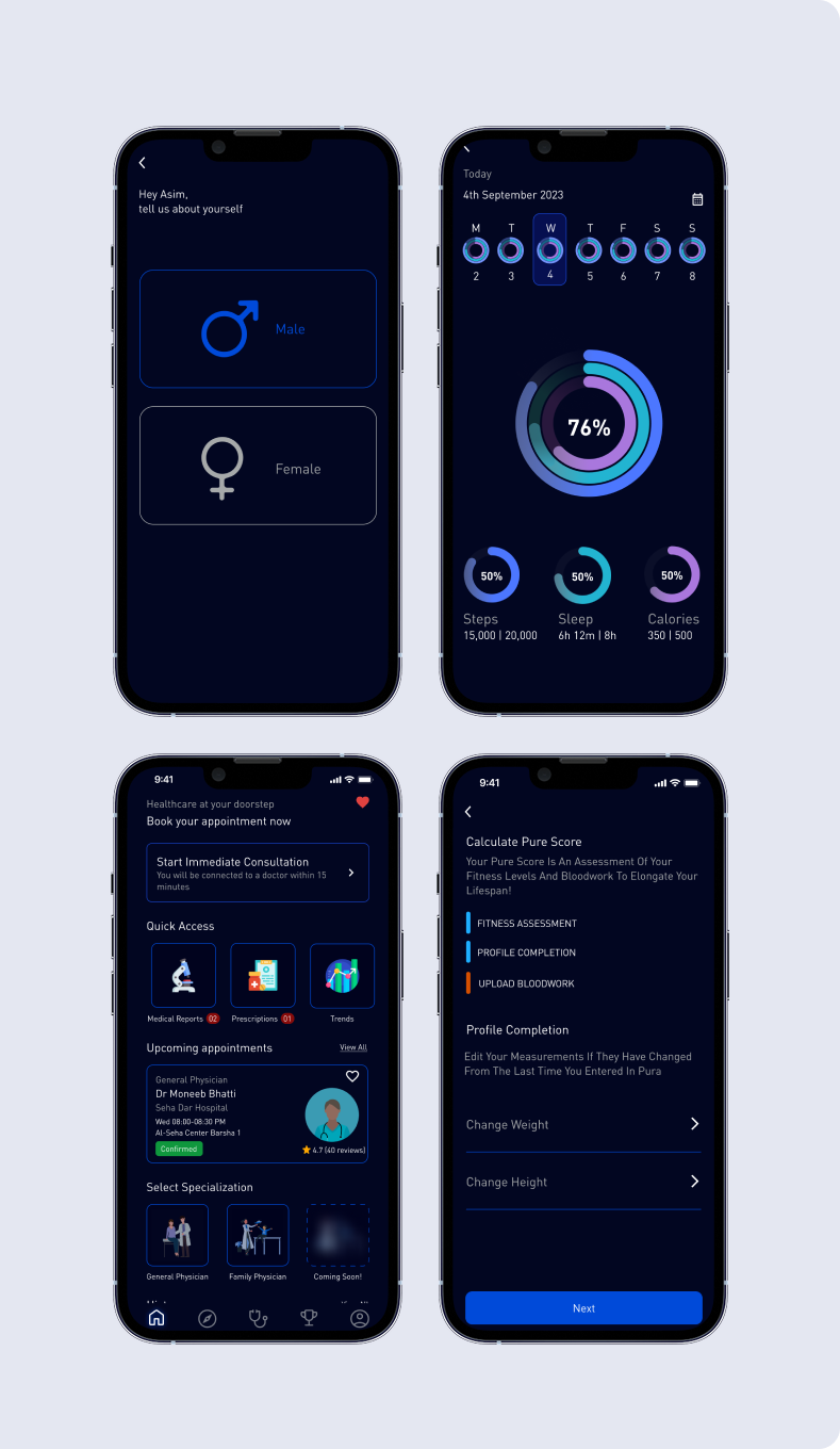 Pura app, redesigned: sign up, goal completion, mobility, and biomarker screens