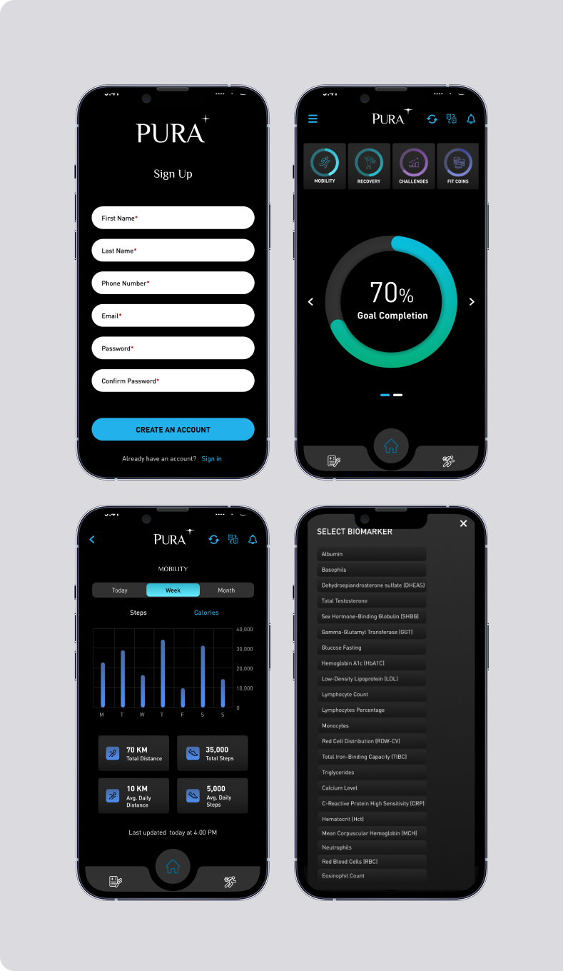 Pura app, old design: sign up, dashboard, booking, and Pure Score screens